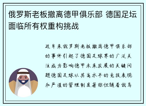 俄罗斯老板撤离德甲俱乐部 德国足坛面临所有权重构挑战