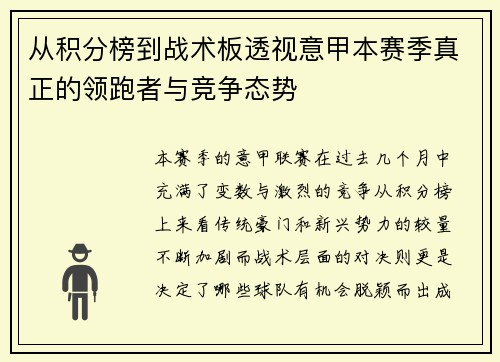 从积分榜到战术板透视意甲本赛季真正的领跑者与竞争态势